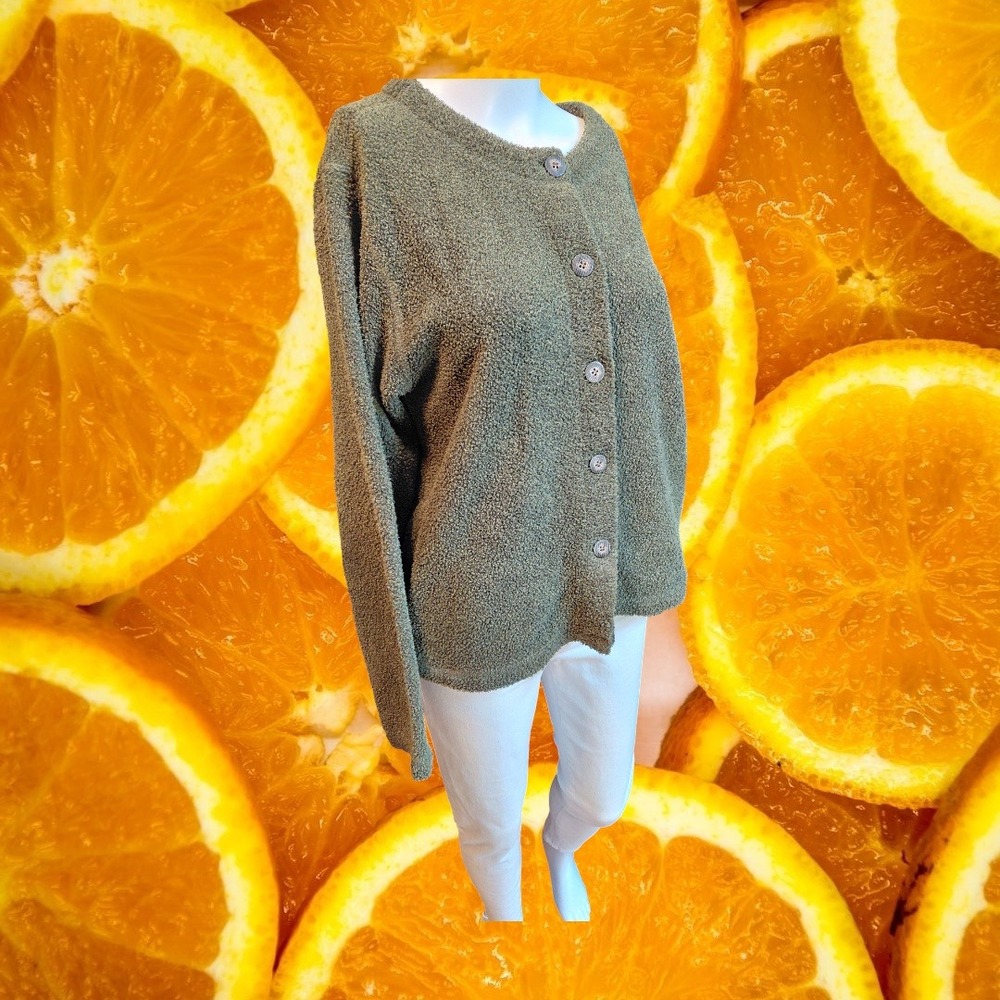 ALPS Fuzzy Soft Cardigan‎ Button Front Long Sleeve Olive Green Women's